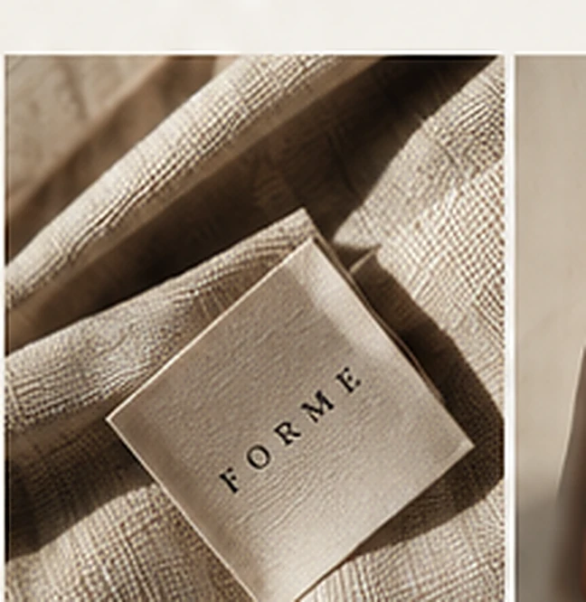 Editorial fashion detail of a clothing label and textured fabric
