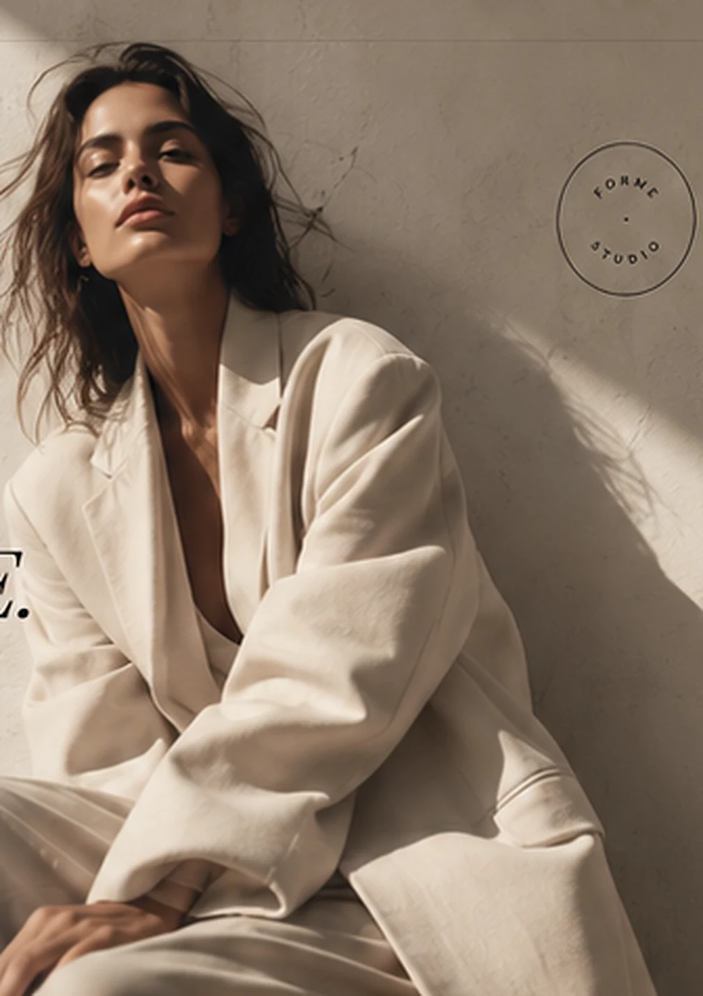 Fashion editorial concept showing a model wearing a cream tailored suit