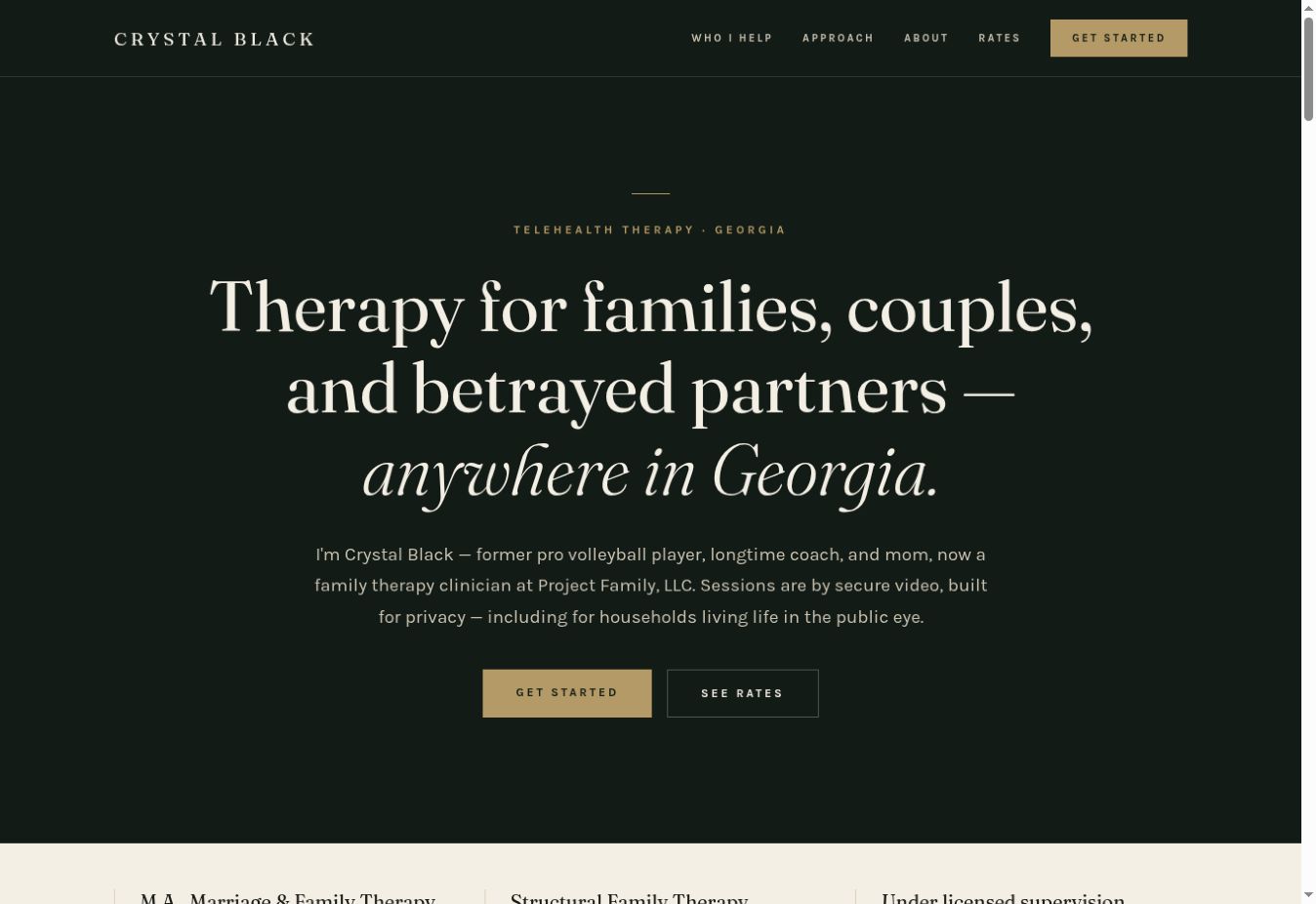 Actual screenshot of Crystal Black Therapy website
